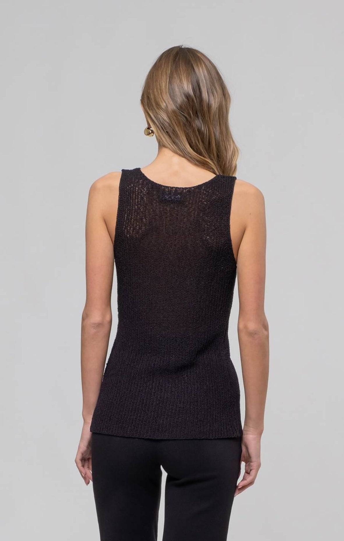 Longline Crochet Knit Sweater Vest in Black