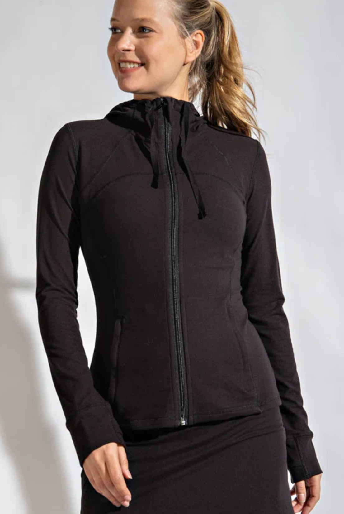 Fitted Activewear Jacket with Hood in Black