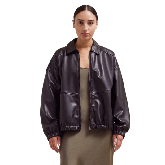 Women Leather Bomber Jacket - Black