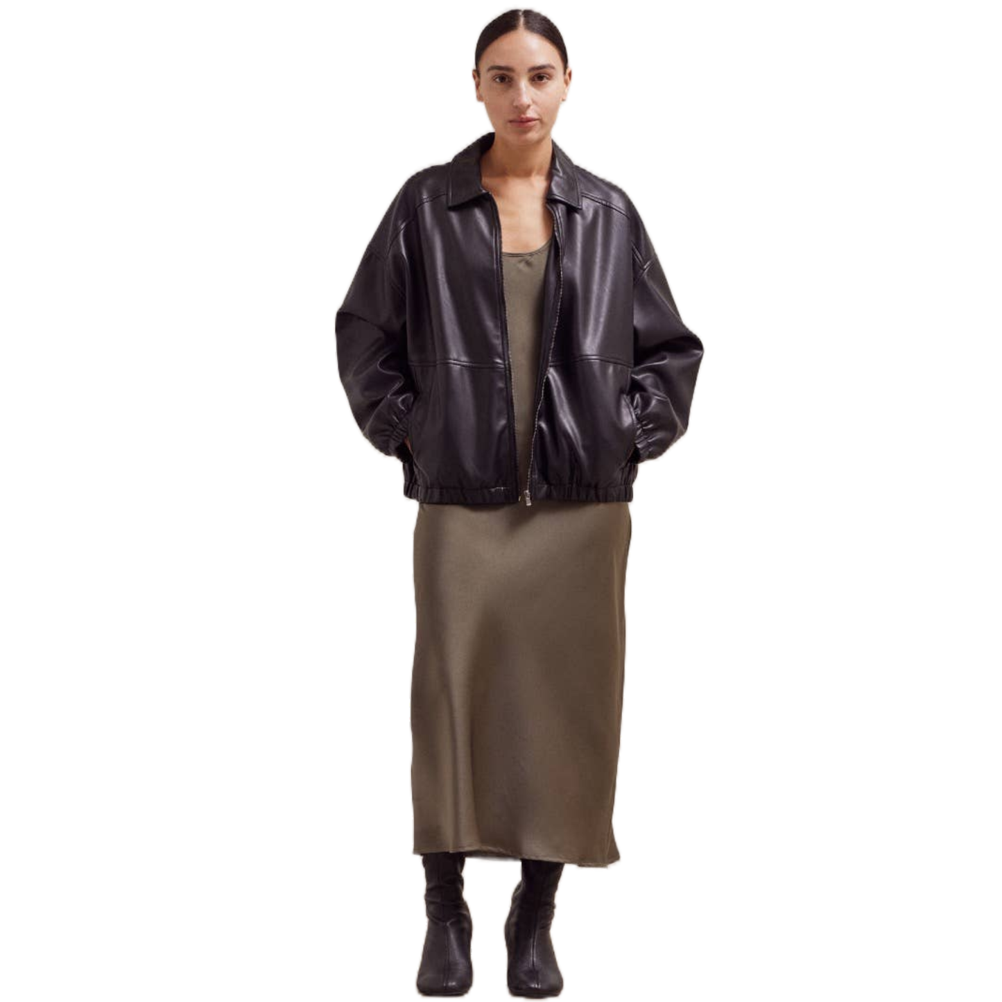 Women Leather Bomber Jacket - Black