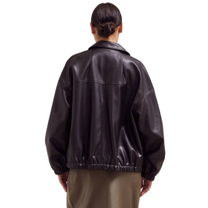 Women Leather Bomber Jacket - Black