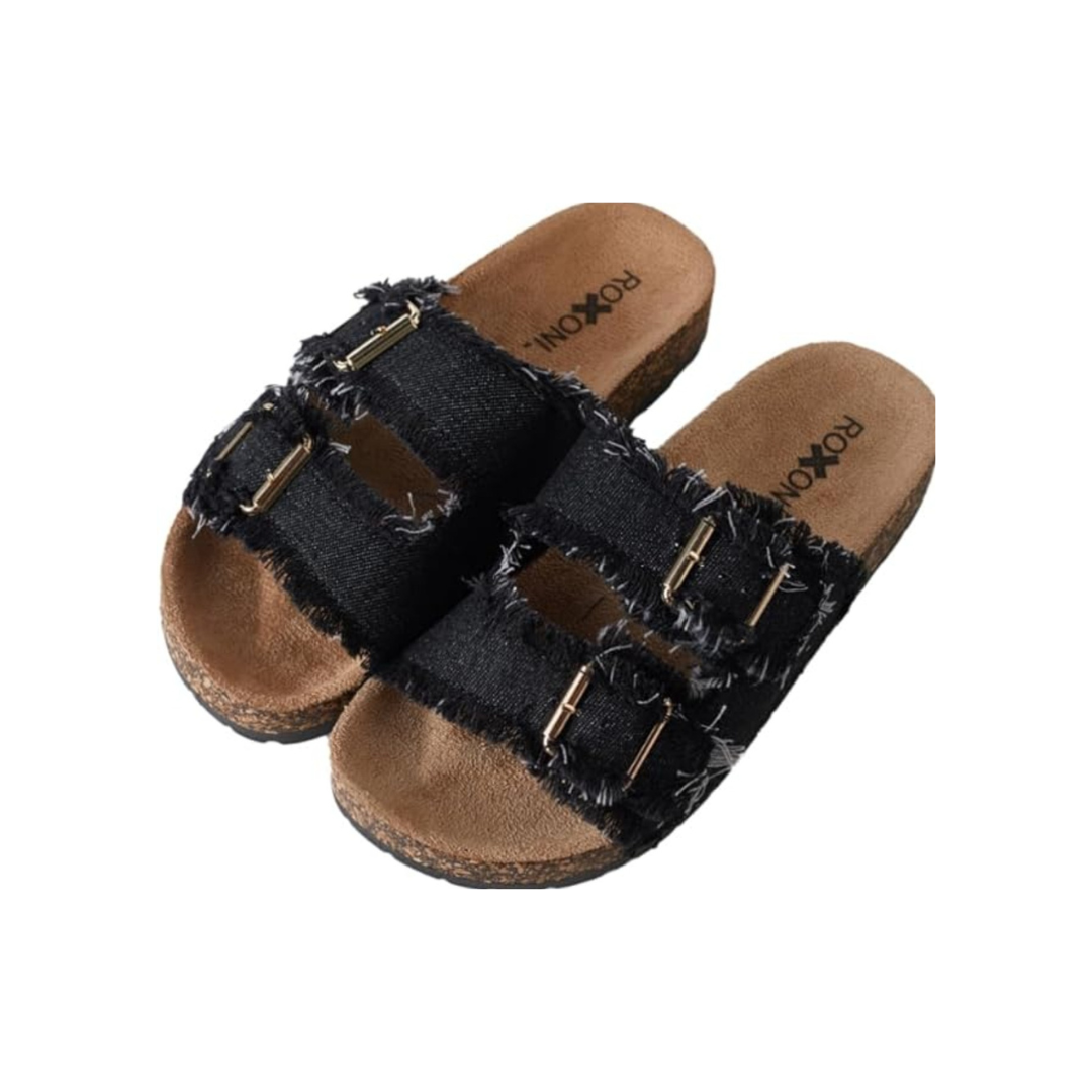 Women's Comfort Flat Sandals Double Buckle Adjustable Straps: Black