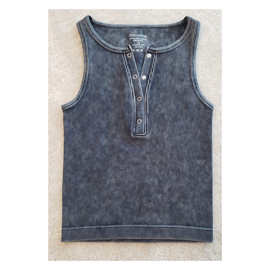 Washed Ribbed Button -Up Tank Top in Ash Black