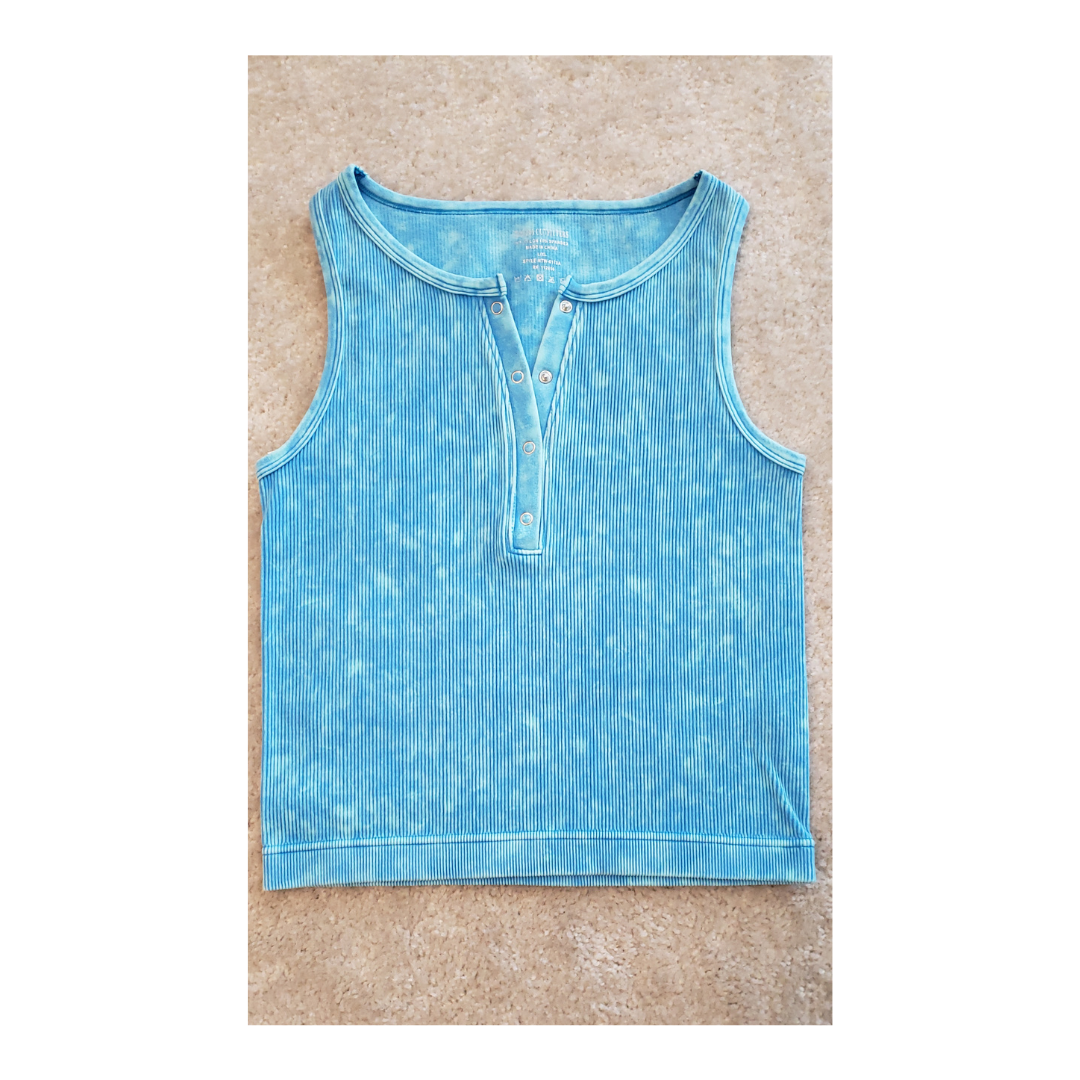 Washed Ribbed Button -Up Tank Top in Deep Sky