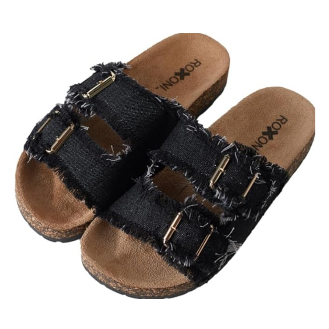 Women's Comfort Flat Sandals Double Buckle Adjustable Straps: Black