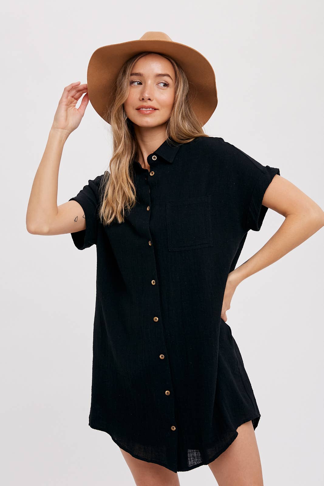 Button Down Shirt Dress in Black