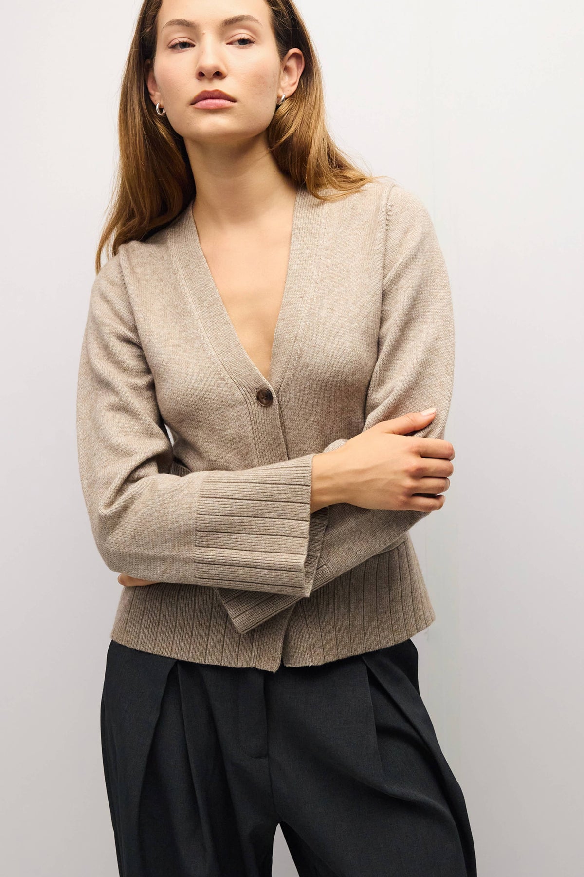 V Neck Cardigan Patch Pockets