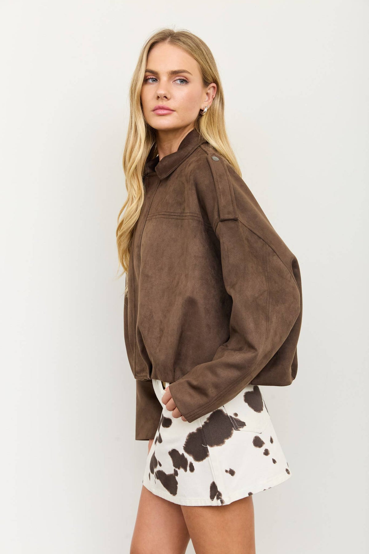 Faux Suede Epaulet Collared zip up Cropped Jacket