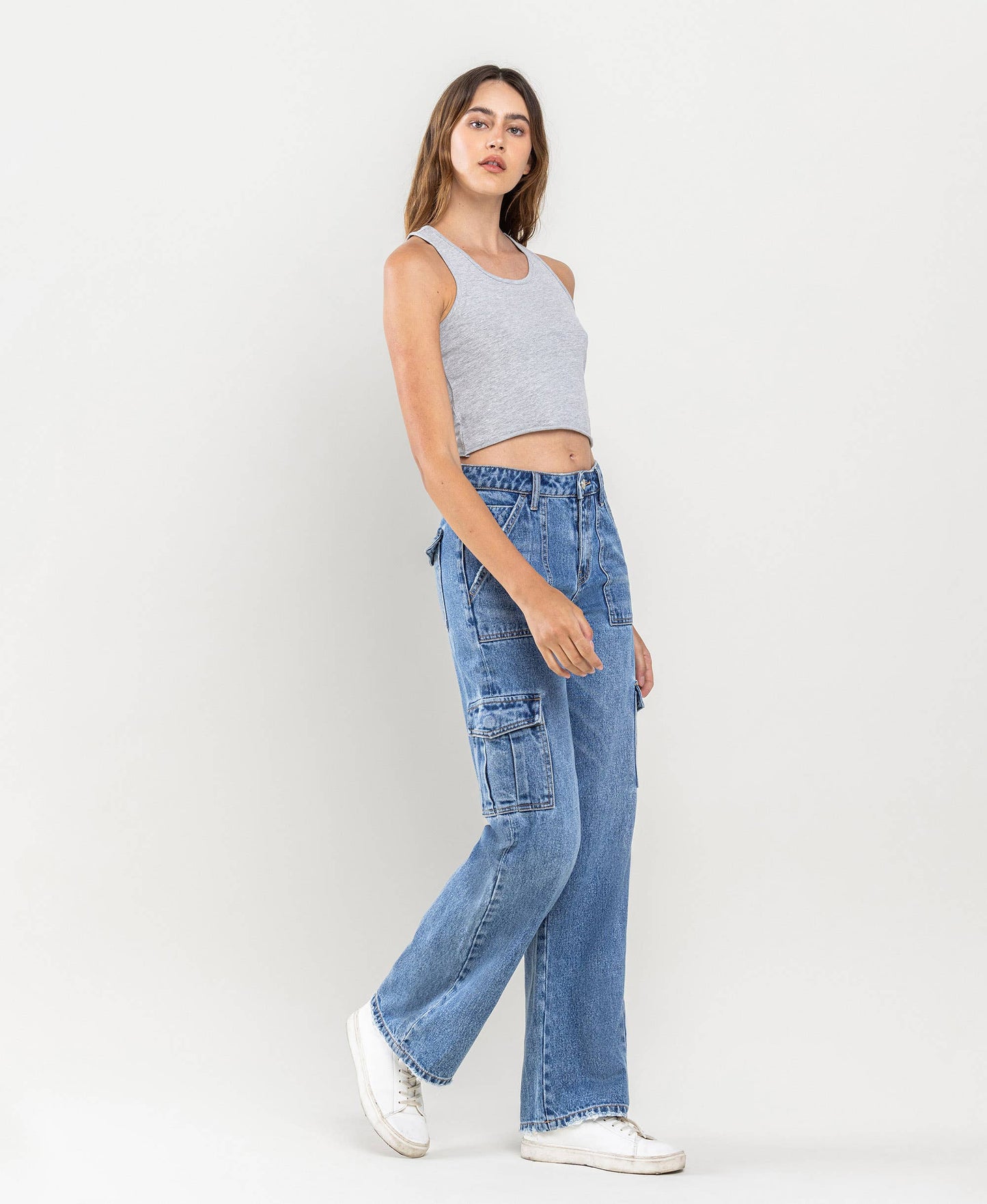 High-rise wide leg cargo blocked jeans