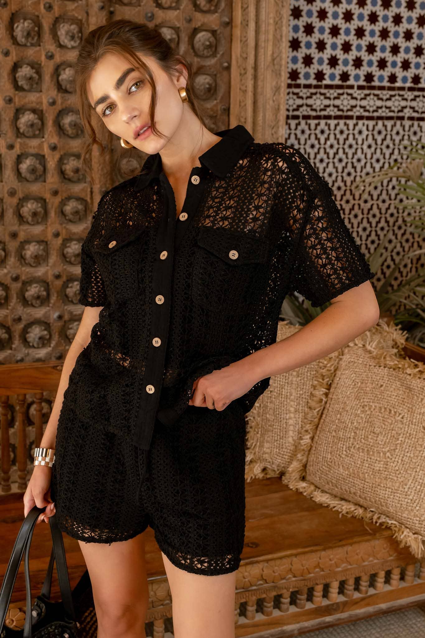 SHEER CROCHET KNIT BUTTON DOWN SHIRT: BLACK