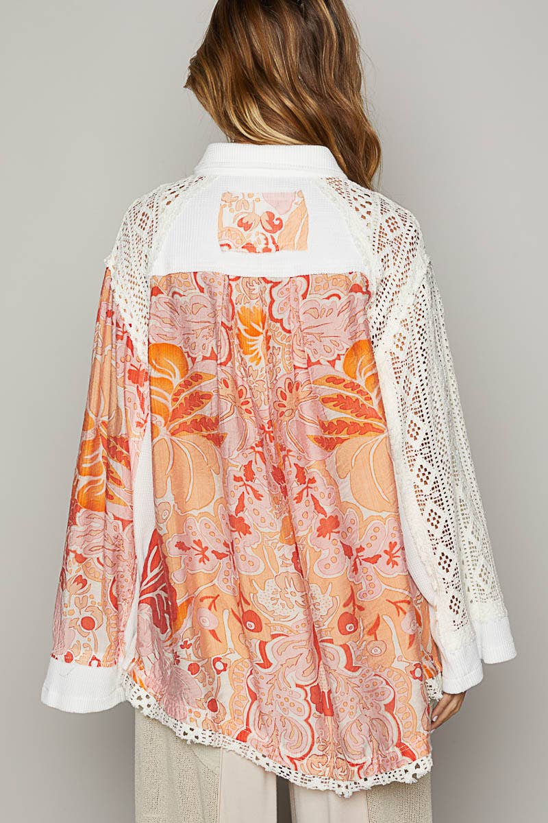 Oversize long sleeve color block floral prints woven shirt: PINK/IVORY