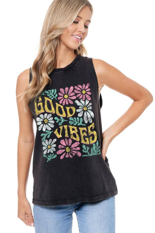 Good Vibes Floral Vintage Graphic Washed Tank: Black or Olive