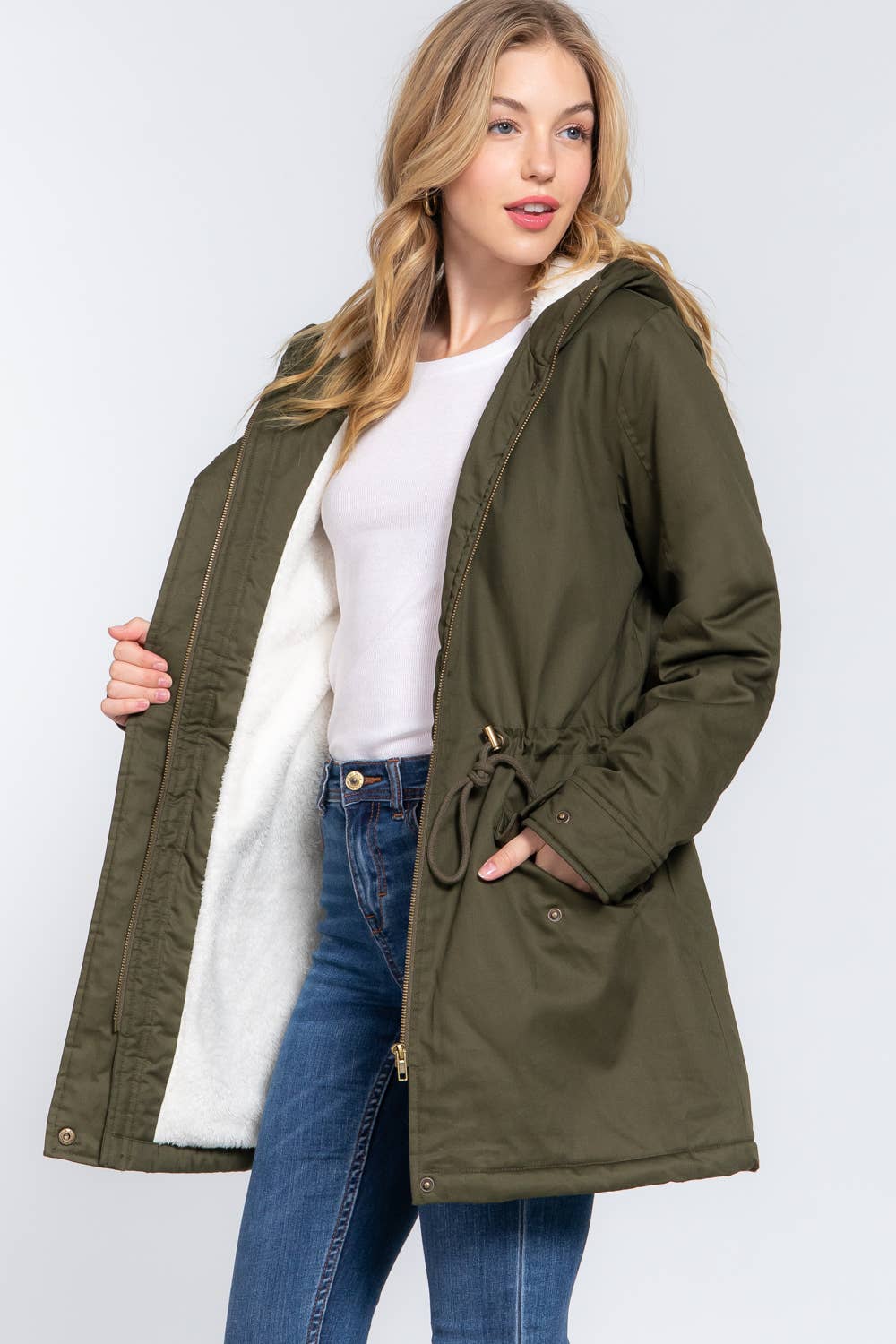 Fleece Lined Fur Hoodie Utility Jacket(two colors)