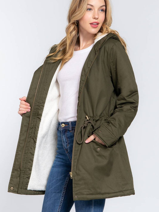 Fleece Lined Fur Hoodie Utility Jacket- two colors
