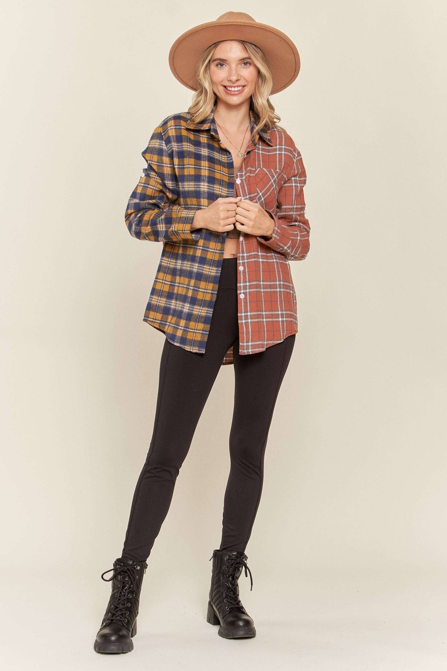 Button down multiple color plaid shirt