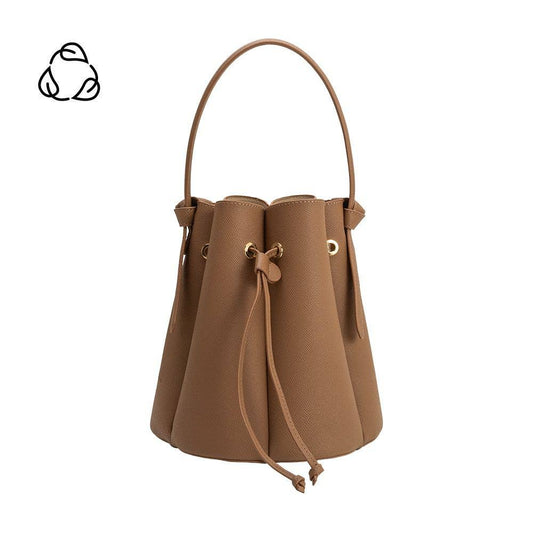 Brown leather bucket bag on a white background