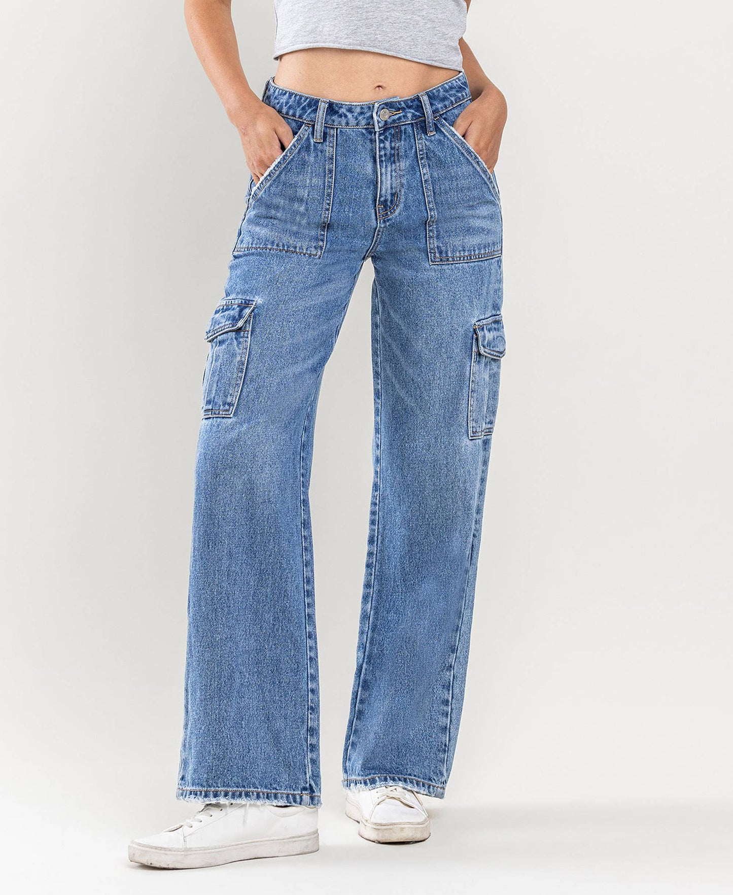 High-rise wide leg cargo blocked jeans