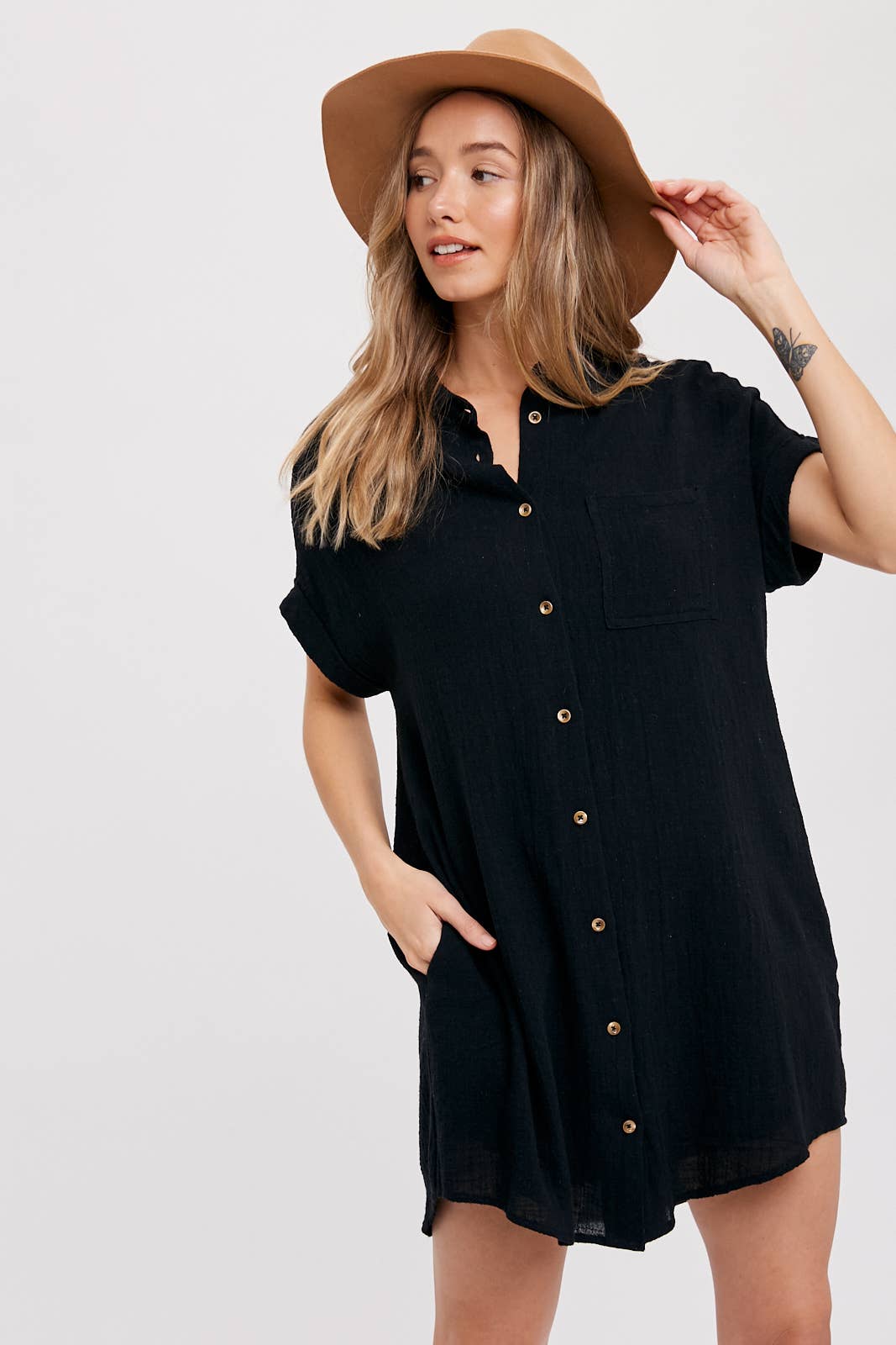 Button Down Shirt Dress in Black