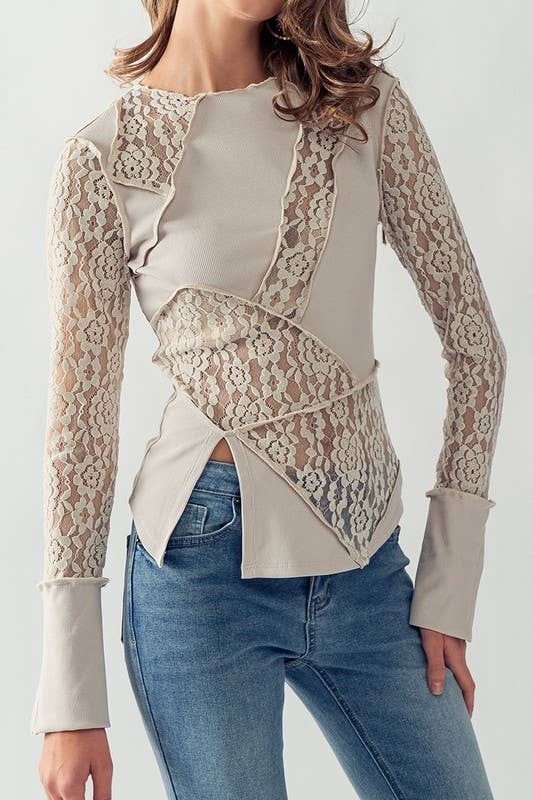 SHEER FLORAL LACE RIBBED CONTRAST TOP IN HEATHER GRAY