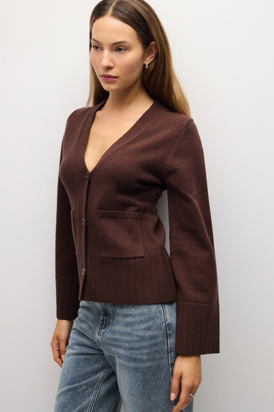 V Neck Cardigan Patch Pockets