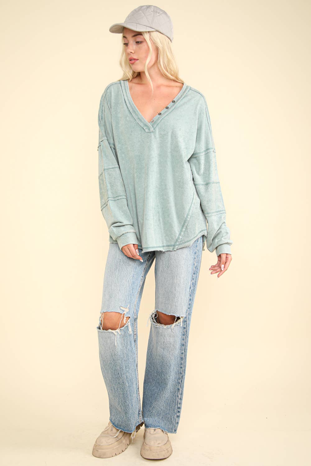 Washed Knit V-Neck Oversized Top(several colors)