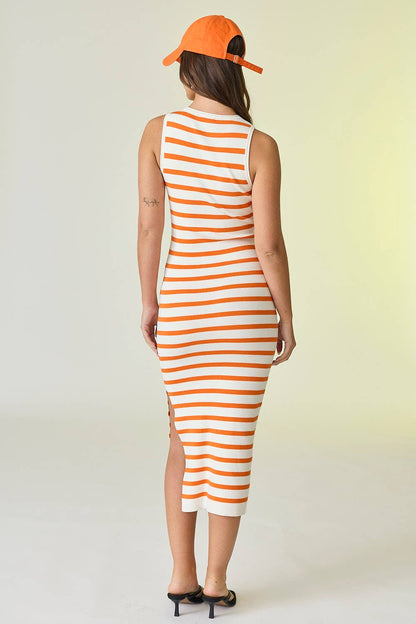 White/Orange Midi Sleeveless Stripped Dress