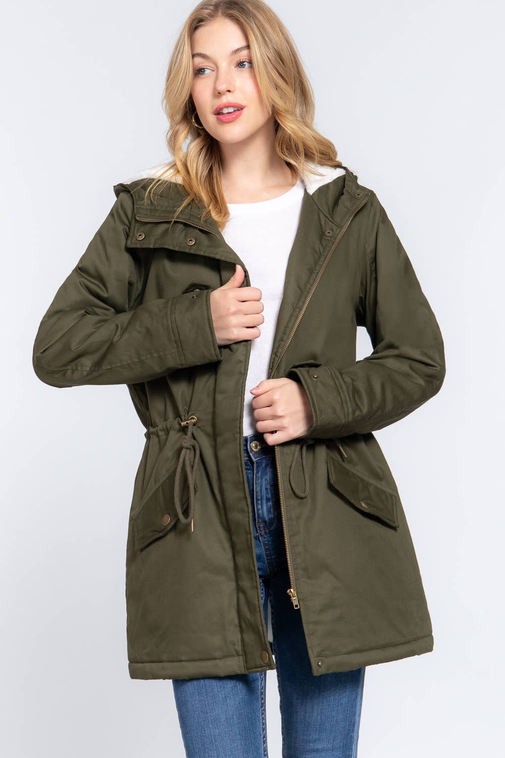 Fleece Lined Fur Hoodie Utility Jacket(two colors)