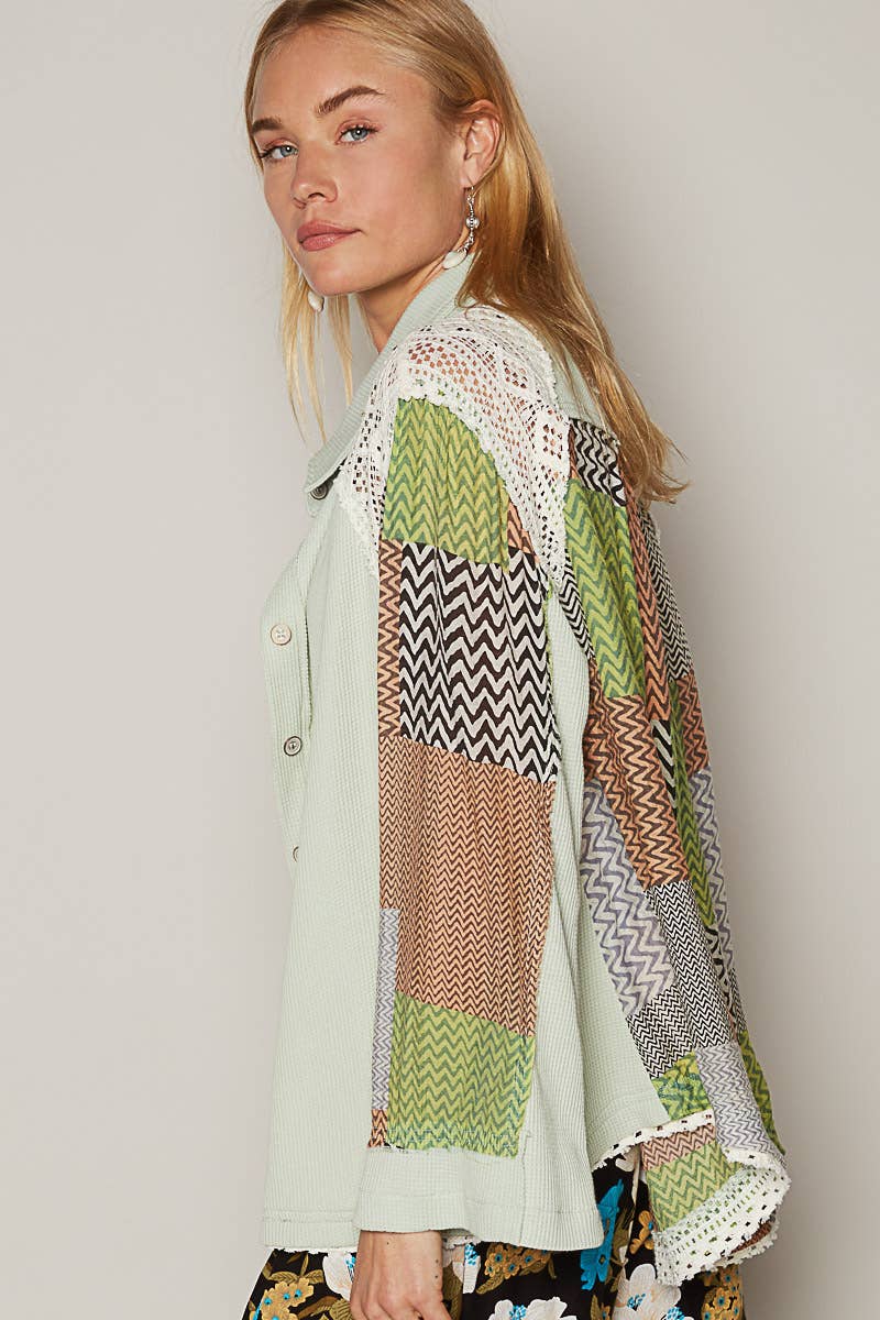 Oversize long sleeve color block floral prints woven shirt:MINT/GREEN