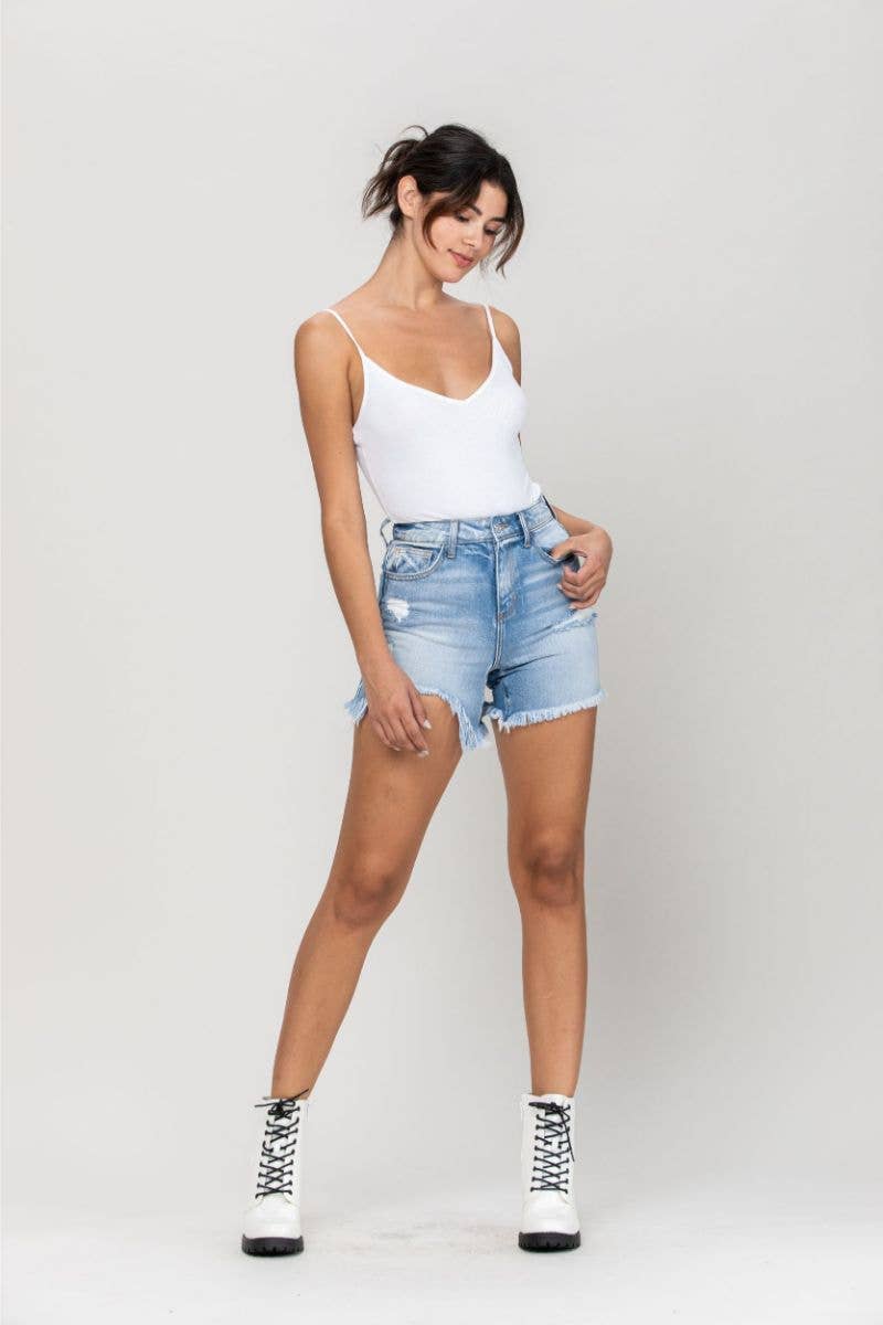 High Rise Uneven Hem Shorts