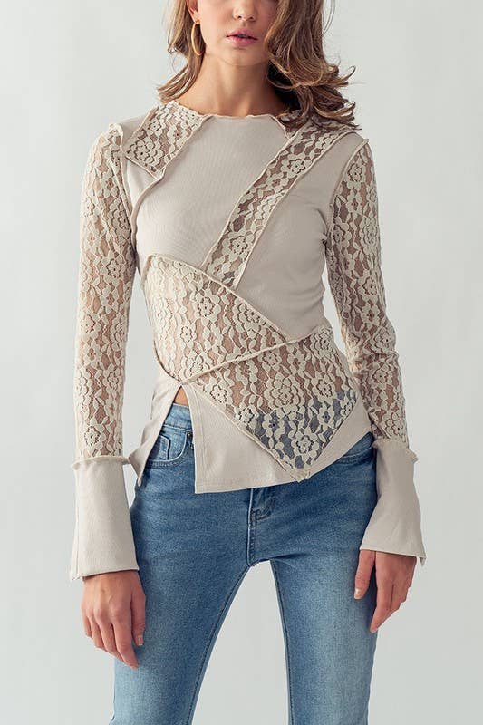 SHEER FLORAL LACE RIBBED CONTRAST TOP IN HEATHER GRAY