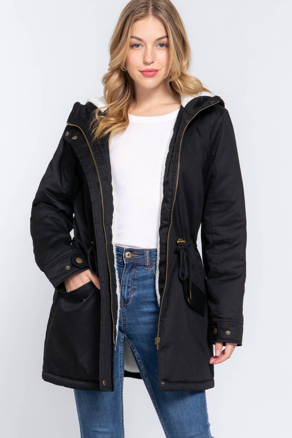 Fleece Lined Fur Hoodie Utility Jacket(two colors)