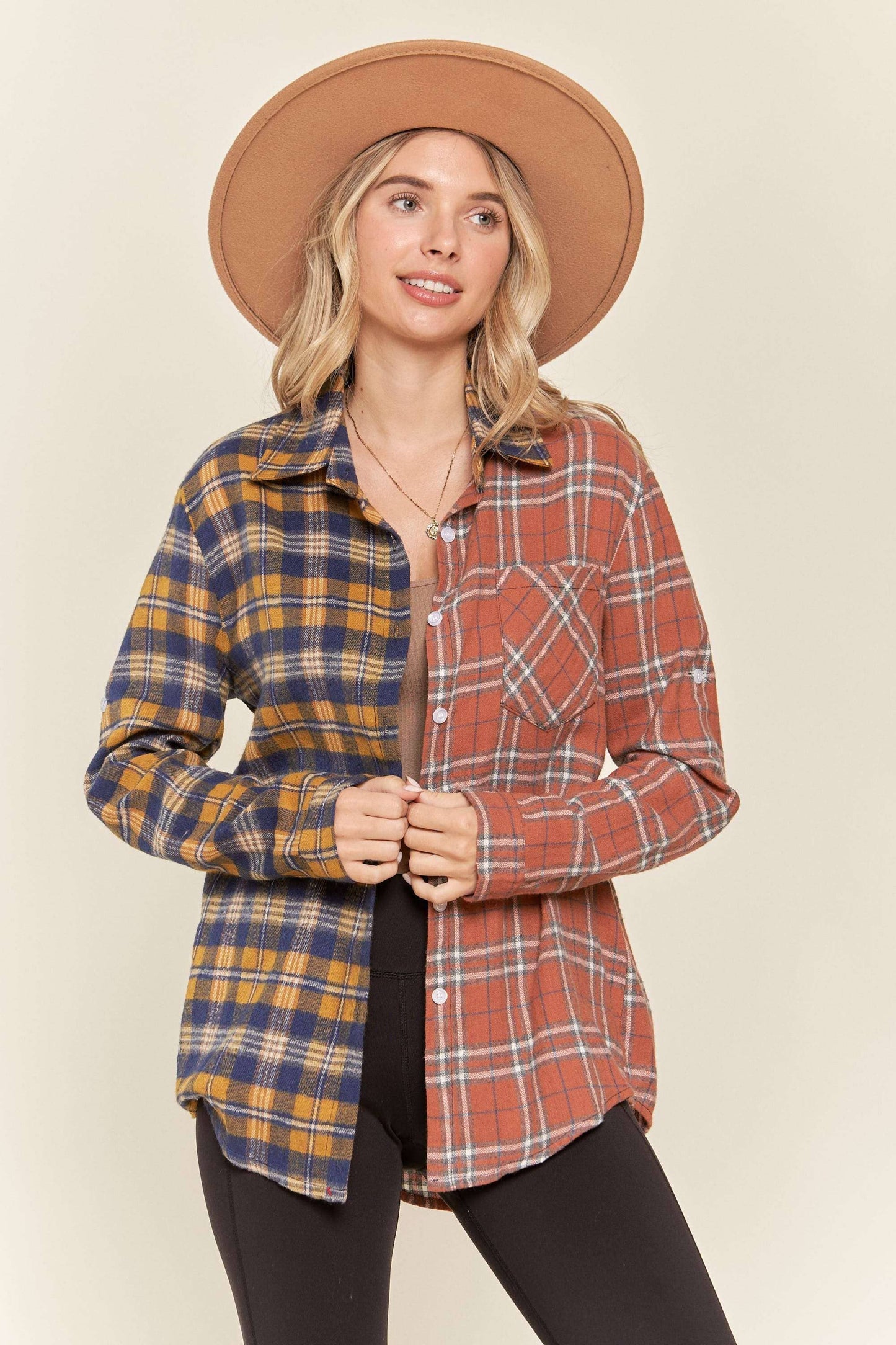 Button down multiple color plaid shirt