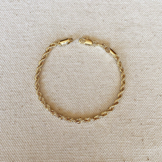 18k Gold Filled 3mm Rope Bracelet: 6.5 inches