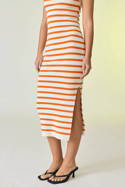 White/Orange Midi Sleeveless Stripped Dress