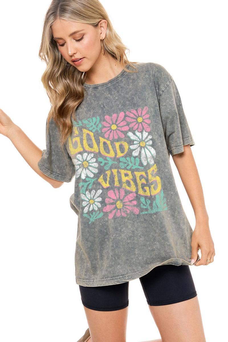 Good Vibes* Floral Vintage Graphic Washed Boyfriend Tee in DENIM