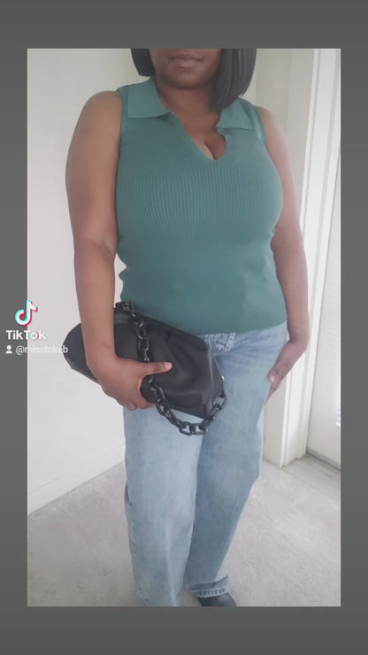 Sleeveless Ribbed Knit Collared V-Neck Top (several colors)