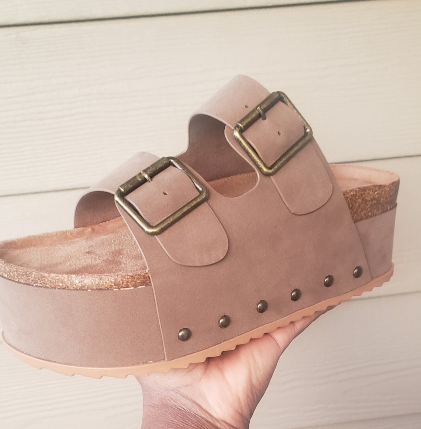 Blowout Double Buckle Platform Sandals in Taupe