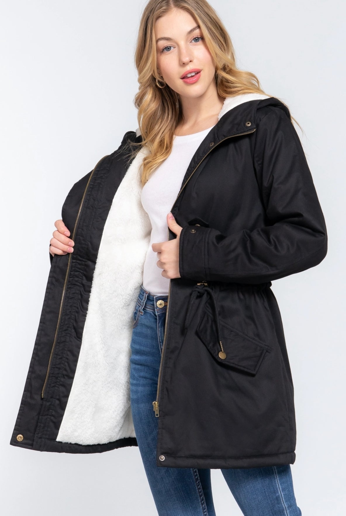 Fleece Lined Fur Hoodie Utility Jacket(two colors)