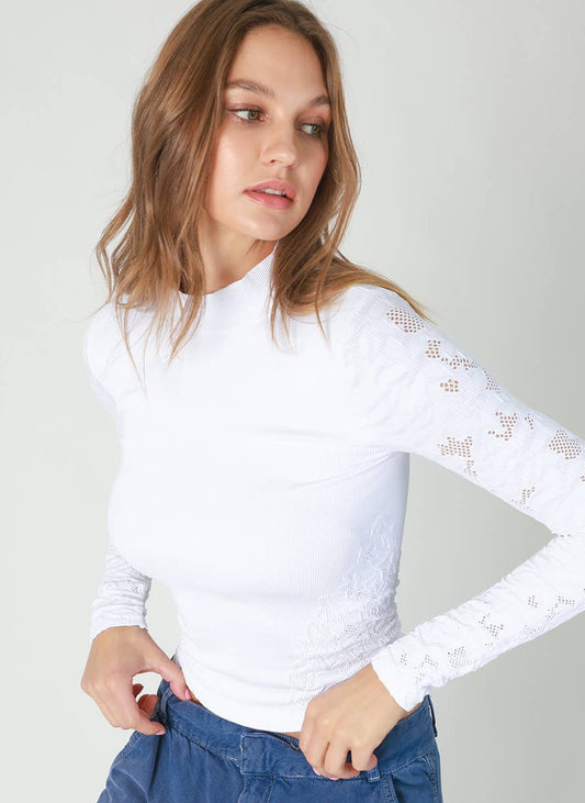 Mock Neck Pointelle long sleeve top with Lace detail