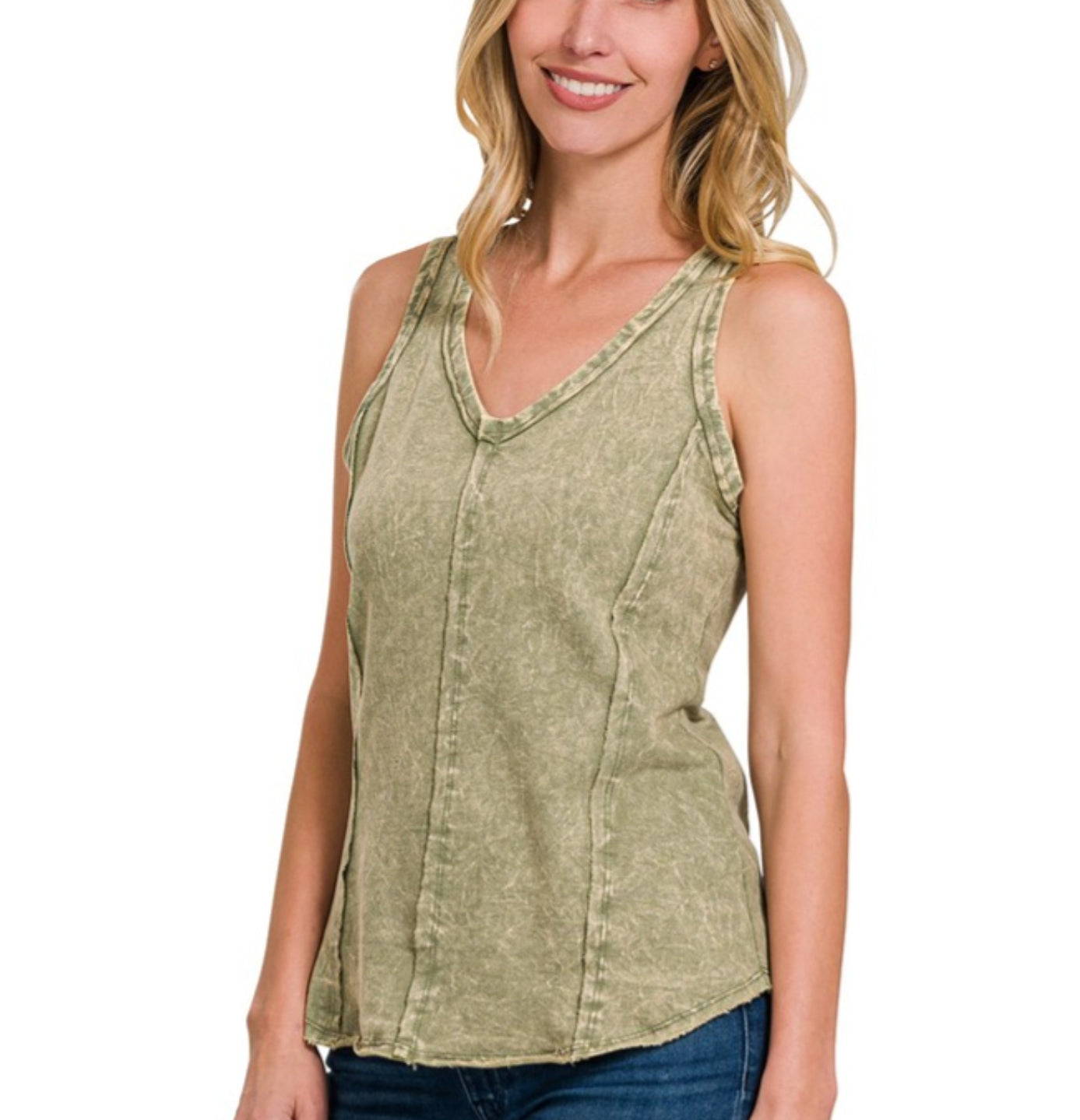 Crinkle Washed F/Terry Raw edge tank top(muliple colors)