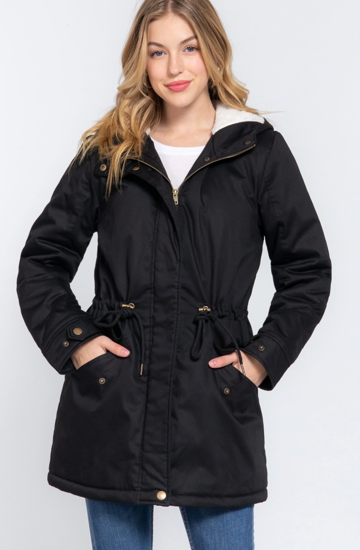 Fleece Lined Fur Hoodie Utility Jacket(two colors)