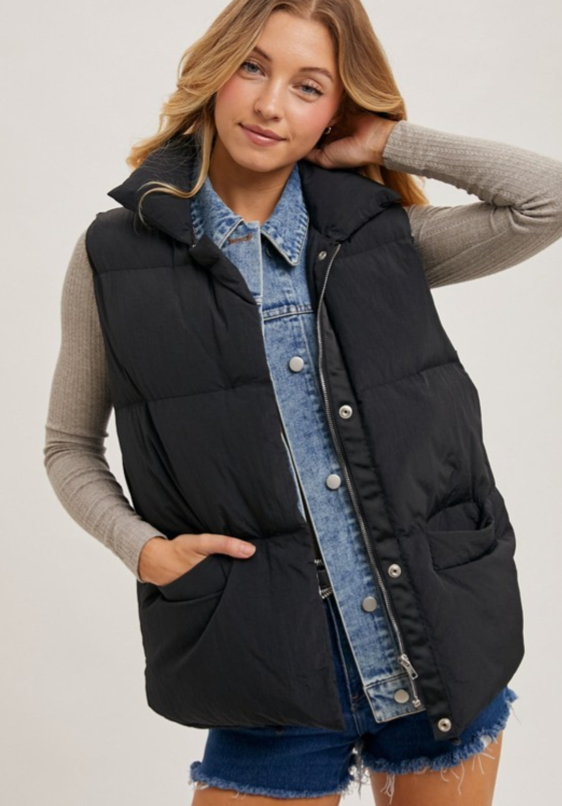 Demin Layered Puffer Vest( two colors)