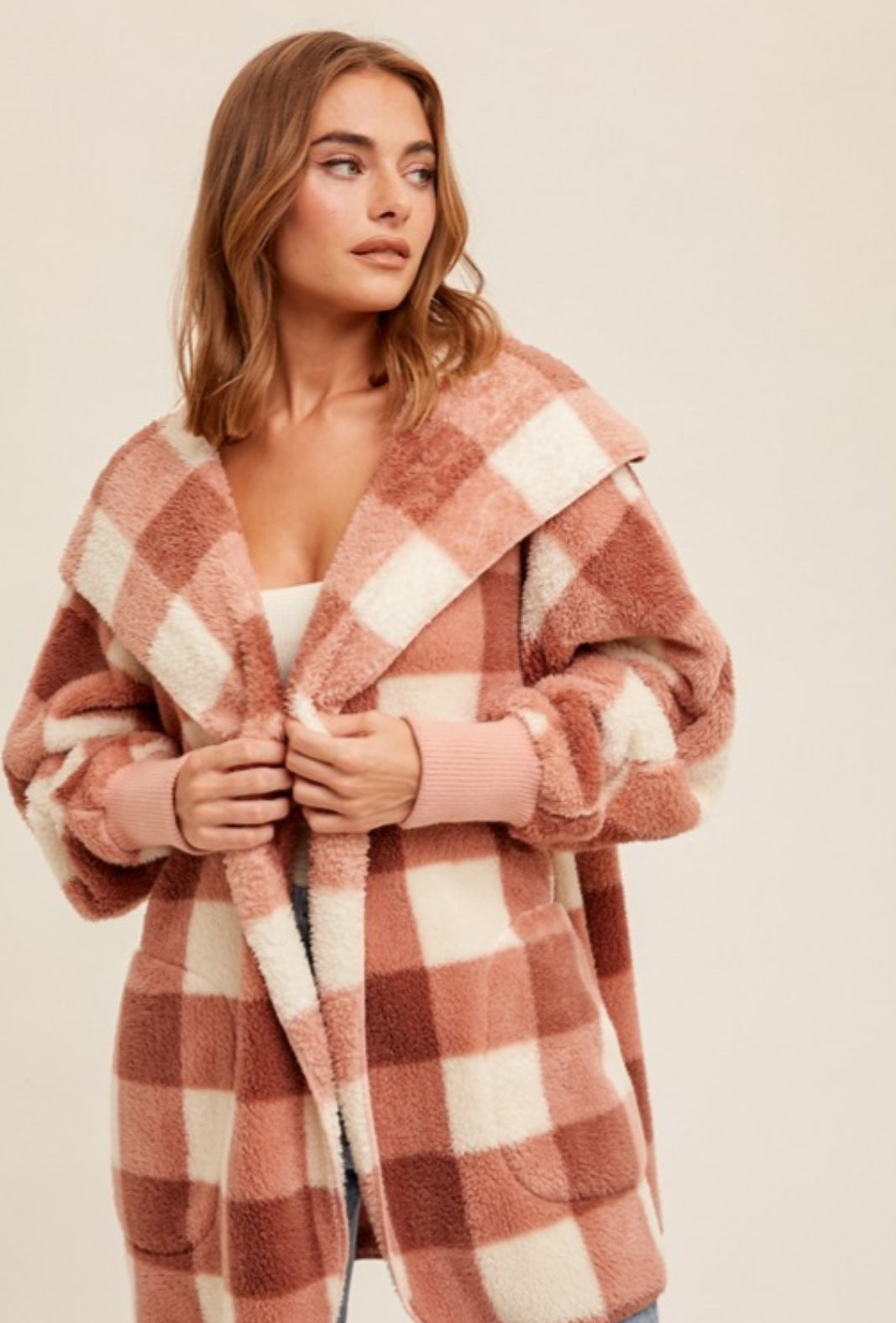 One size Check Print Faux fur So Soft plush hooded jacket with pockets(two colors)