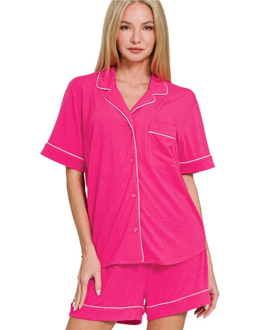 Short Sleeve Button Down Shirt & Shorts 2pcs Pajamas Set