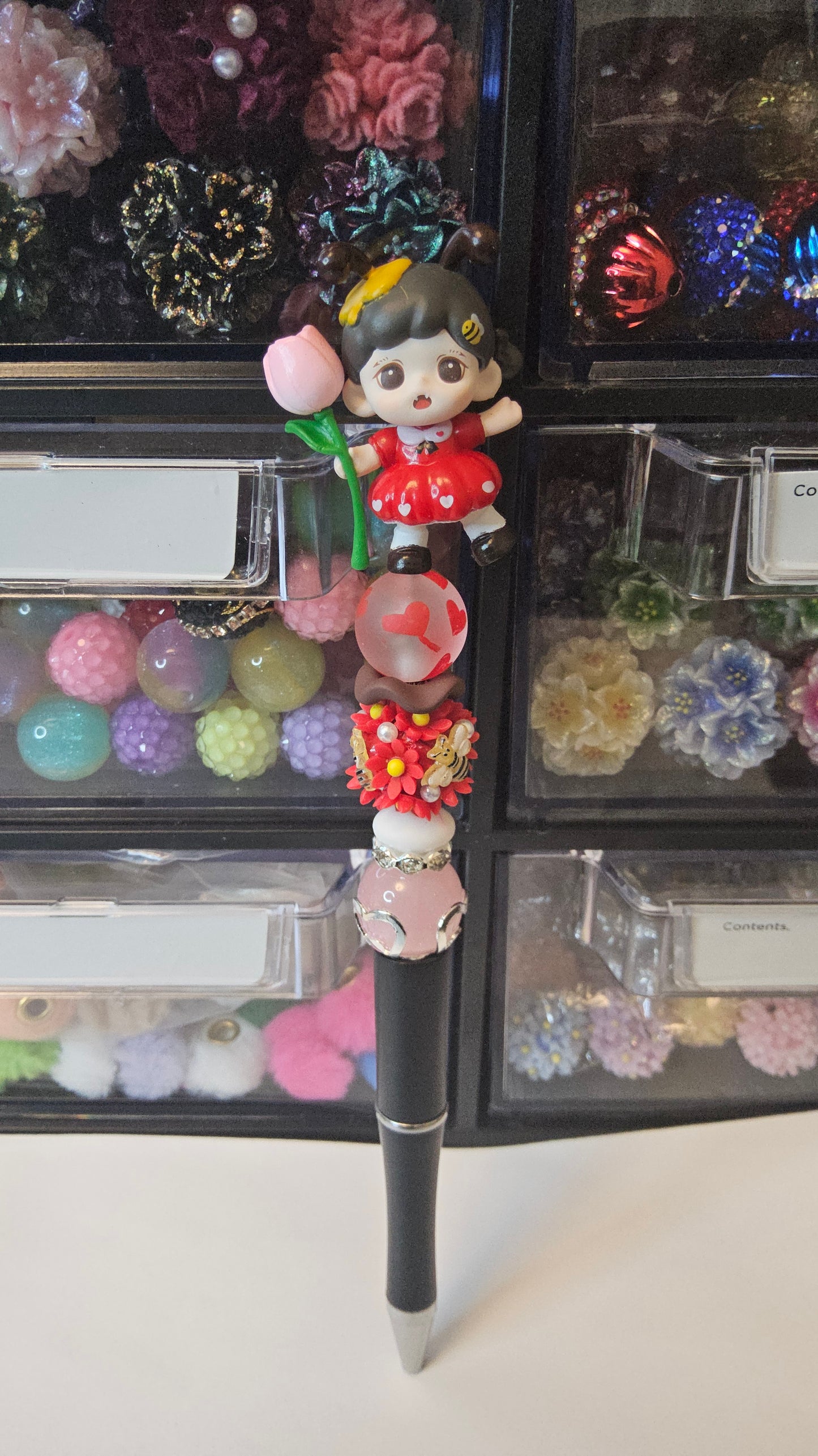 Red Zora bee Premade  Beaded Pen