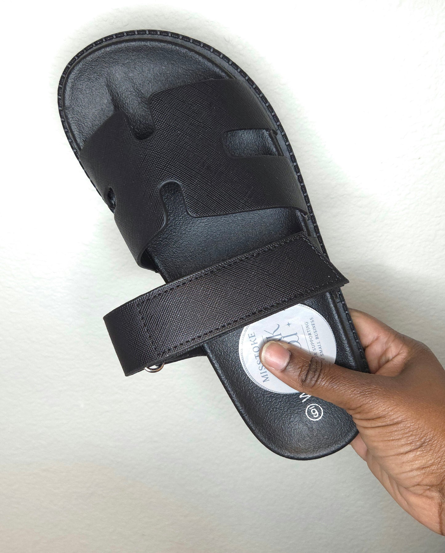 Black h-shape Velcro Slip on Sandals