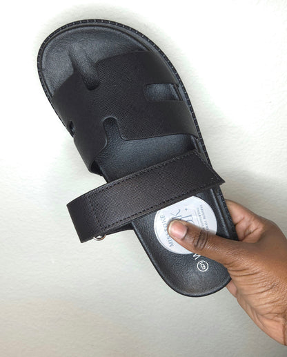 Black h-shape Velcro Slip on Sandals